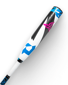 White, black, blue, and pink baseball bat with a vibrant, geometric design.